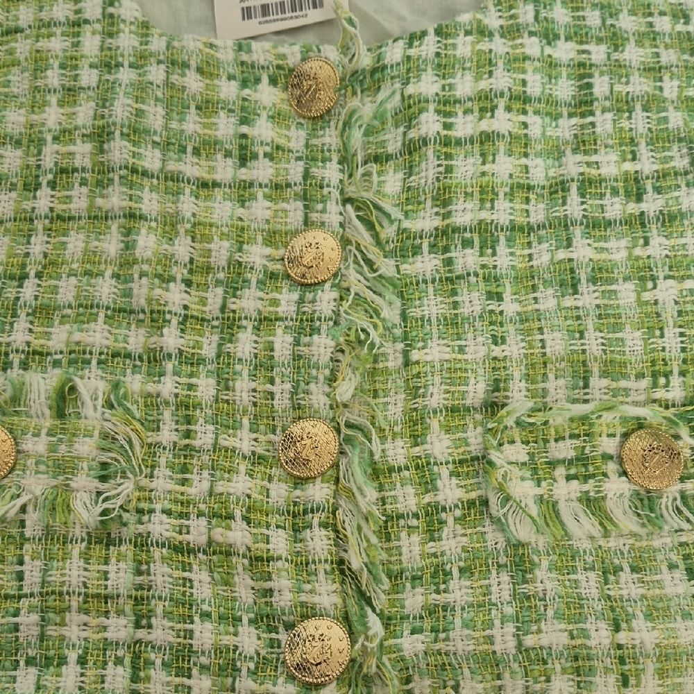 Zara Green and White Tweed Buttoned Blouse - Picture 15 of 16